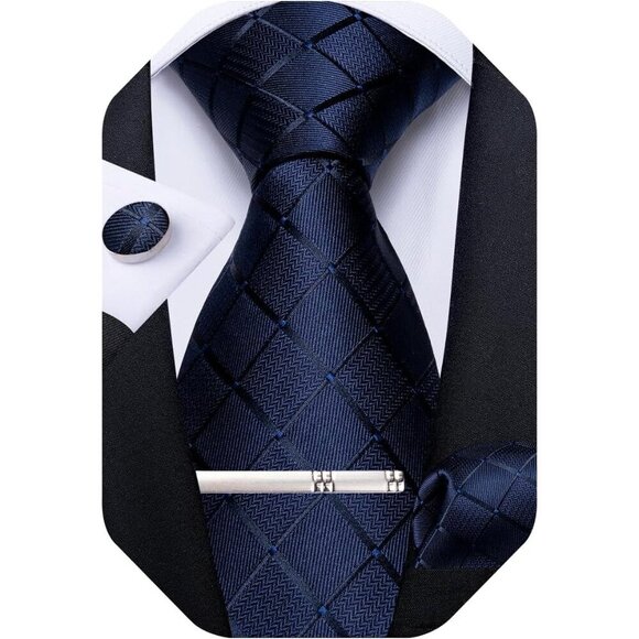 🆕Men Blue Plaid Silk Checkered Necktie and Pocket Square Cufflinks Tie Clip Set